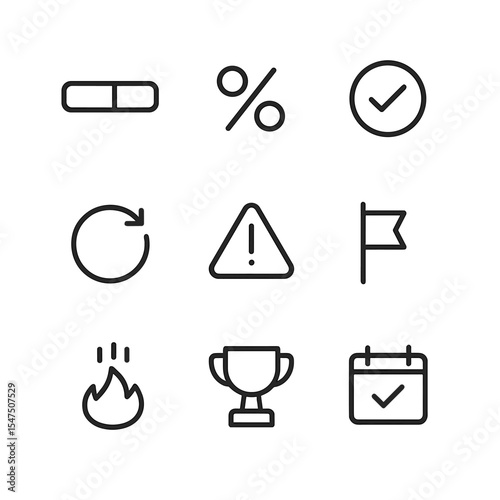Progress Tracking Icons. Outline icon set of progress and completion tracking: progress bar, percentage label, completed check, in