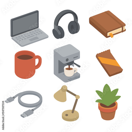 Co-Working Coffee Essentials. Isometric Flat icon set of coffee break at co-working space: laptop, headset, notebook, espresso