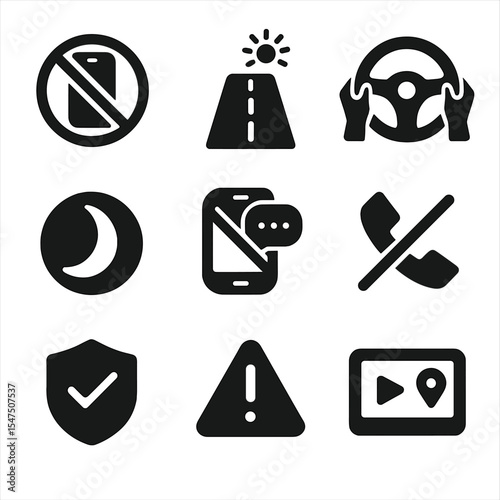 Distracted Driving Icons. Solid, filled icons set of distracted driving prevention: no phone icon, focus road,