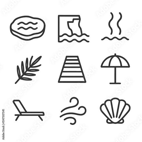 Coastal Geothermal Icons. Outline icon set of coastal geothermal pools: tidal pool, sea cliff, steam rising, palm leaf, boardwalk,