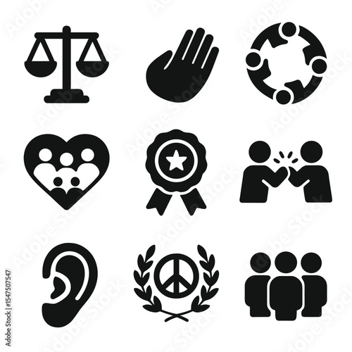 Diversity and Inclusion Icons. Solid, filled icons set of diversity and inclusion values: equality icon, open