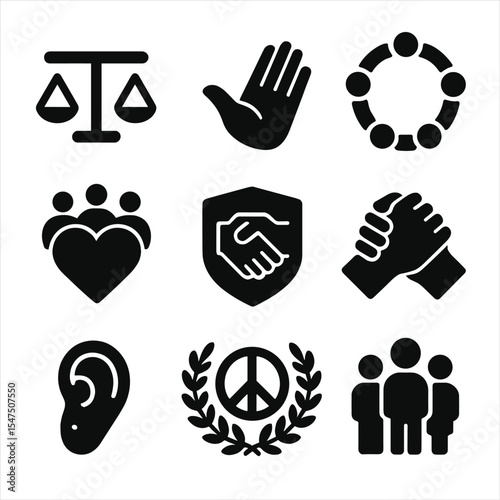 Diversity and Inclusion Icons. Solid, filled icons set of diversity and inclusion values: equality icon, open