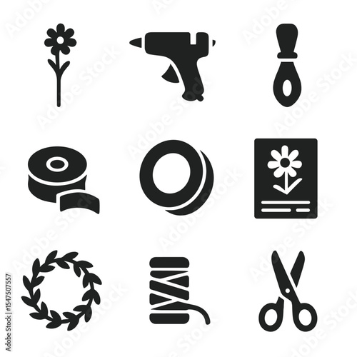 DIY Floral Craft Icons. Solid, filled icons set of DIY floral crafts: flower wire, glue gun, petal cutter,