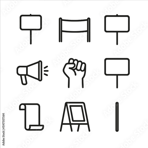 Protest Icons Outline. Outline icon set of protest signs: placard, banner, picket sign, megaphone, raised fist silhouette, slogan