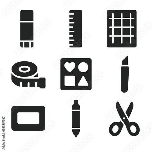 DIY Craft Tools Icons. Solid, filled icons set of DIY and craft measurements: glue stick, ruler, cutting mat,