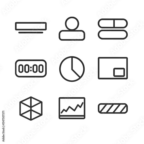 On-Screen Graphics Icons. Outline icon set of on-screen graphics: lower third bar, logo bug, score ticker, timer overlay,
