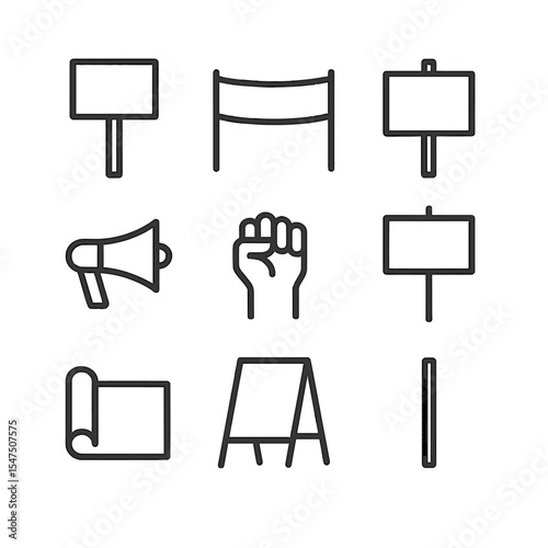 Protest Icons Outline. Outline icon set of protest signs: placard, banner, picket sign, megaphone, raised fist silhouette, slogan