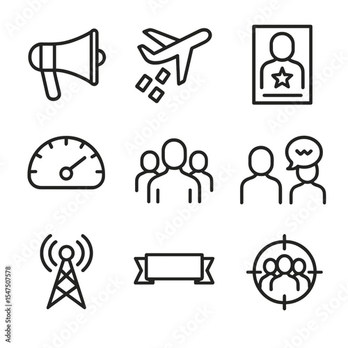 Psychological Operations Icons. Outline icon set of psychological operations planning: megaphone speaker, leaflet drop, propaganda