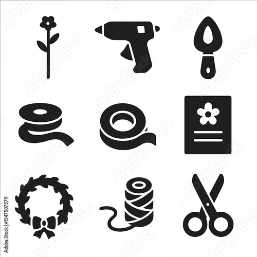 DIY Floral Craft Icons. Solid, filled icons set of DIY floral crafts: flower wire, glue gun, petal cutter,