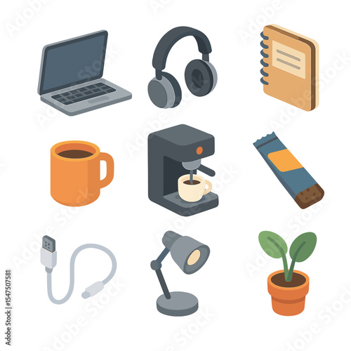 Co-Working Coffee Essentials. Isometric Flat icon set of coffee break at co-working space: laptop, headset, notebook, espresso