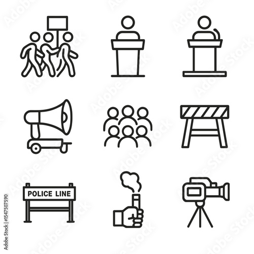Protest Symbol Icons. Outline icon set of demonstration scenes: street march, podium, stage speaker, portable speaker, crowd