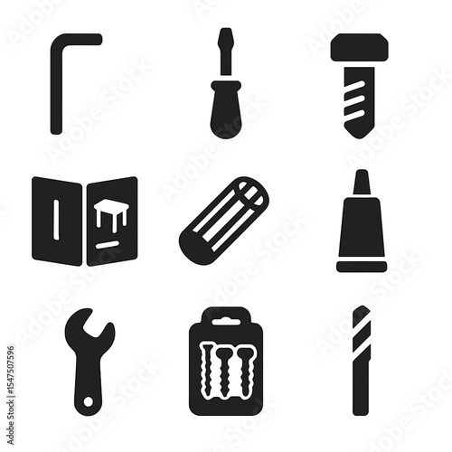 DIY Tool Icons. Solid, filled icons set of DIY and furniture assembly tools: Allen key, screwdriver, hex bolt,