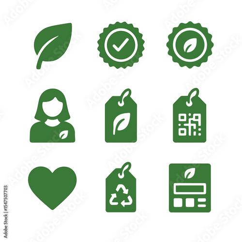 Eco Branding Icons. Solid, filled icons set of eco-conscious fashion branding: green logo, sustainability