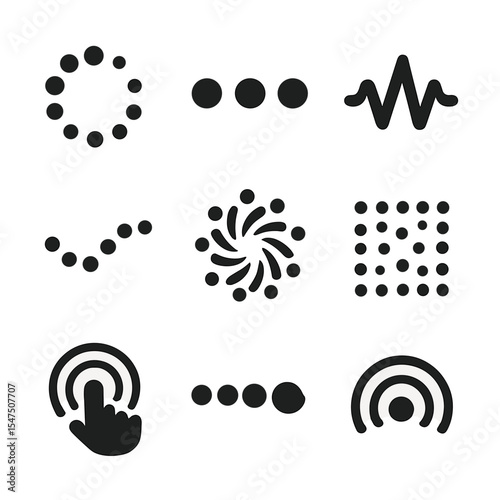 Dynamic Motion Icons. Solid, filled icons set of dynamic dot motion visuals: loading animation, bouncing dots,