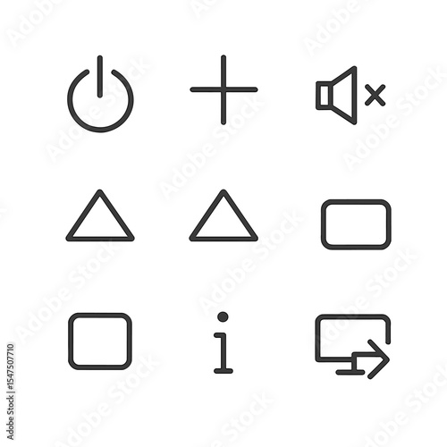 Remote Control Icons. Outline icon set of remote control button types: power button, volume up, volume down, channel up, channel
