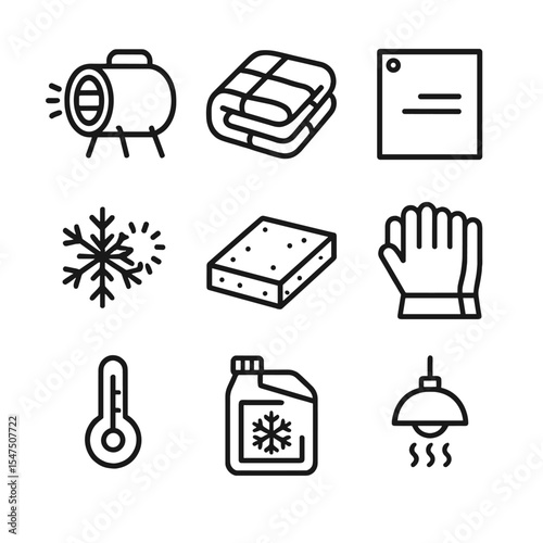 Cold Weather Curing Icons. Outline icon set of curing in cold weather: heater blower, insulated blanket, tarpaulin, frost symbol,