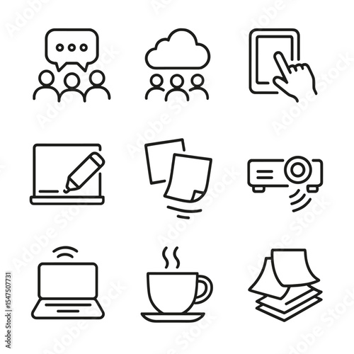 Collaborative Sound Icons. Outline icon set of collaborative work sounds: group chat, brainstorming cloud, tablet tapping, marker