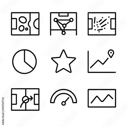 Performance Analytics Icons. Outline icon set of performance analytics: heatmap overlay, passing network, shot map, possession pie
