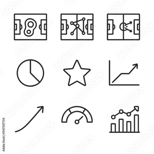 Performance Analytics Icons. Outline icon set of performance analytics: heatmap overlay, passing network, shot map, possession pie