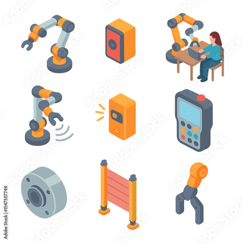 Collaborative Robot Icons. Isometric Flat icon set of collaborative robots in production: cobot arm, safety sensor, shared