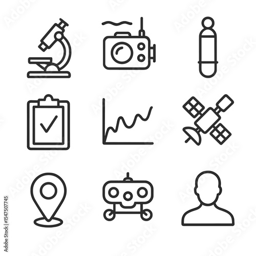 Research and Birdwatching Icons. Outline icon set of research and monitoring: microscope, underwater camera, water sampler,