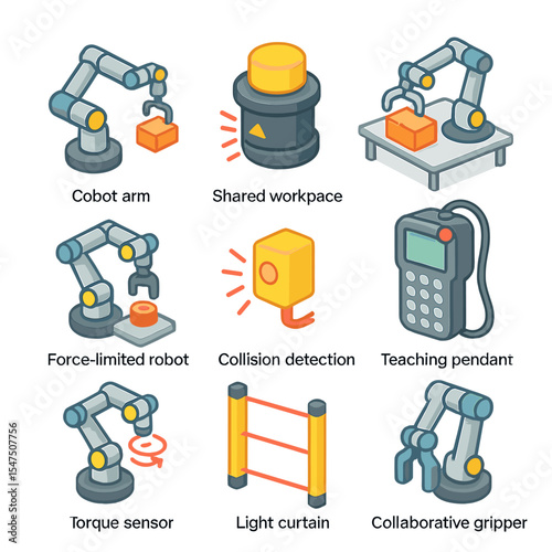 Collaborative Robot Icons. Isometric Flat icon set of collaborative robots in production: cobot arm, safety sensor, shared