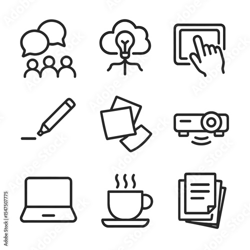 Collaborative Sound Icons. Outline icon set of collaborative work sounds: group chat, brainstorming cloud, tablet tapping, marker