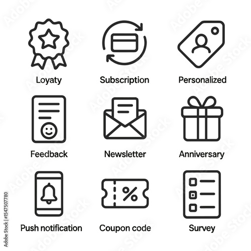 Retention Icons Set. Outline icon set of retention and loyalty tactics: loyalty badge, subscription renewal, personalized offer