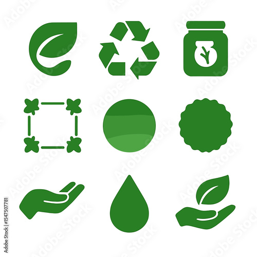 Eco-Friendly Icon Set. Solid, filled icons set of eco-friendly branding: green logo, circular arrows, zero