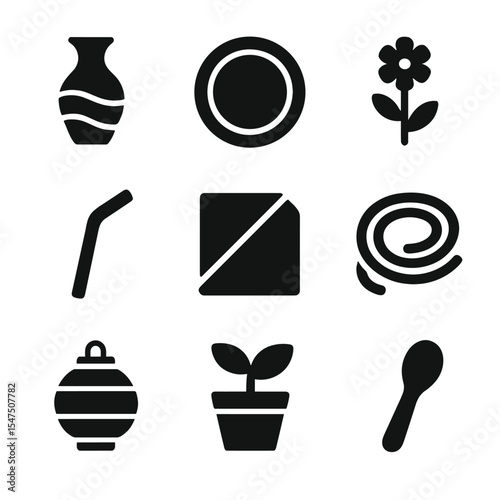 Eco-Friendly Decor Icons. Solid, filled icons set of eco-friendly summer decor: upcycled vase, bamboo plate,