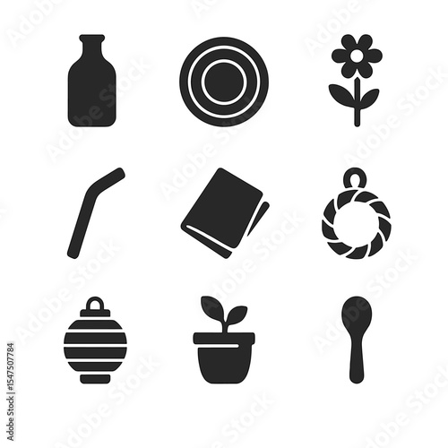 Eco-Friendly Decor Icons. Solid, filled icons set of eco-friendly summer decor: upcycled vase, bamboo plate,
