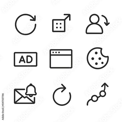 Retargeting Icon Set. Outline icon set of retargeting audiences: refresh arrow, pixel tag, returning visitor silhouette, ad banner