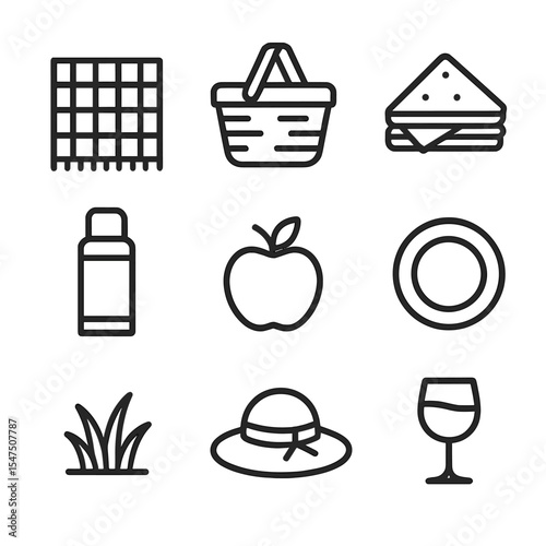 Picnic Icon Set. Outline icon set of picnic on rolling hills: picnic blanket, basket, sandwich, thermos, apple, plate, grass tuft,