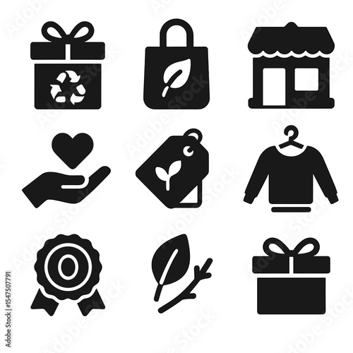 Eco-Friendly Holiday Icons. Solid, filled icons set of sustainable holiday gifting plans: recycled wrap,