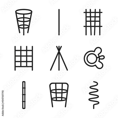 Plant Support Icons. Outline icon set of plant supports: tomato cage, stake, trellis, netting, pea wigwam, plant clip, bamboo pole