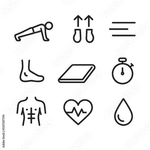 Plank Jacks Icons. Outline icon set of plank jacks exercise: plank silhouette, jumping feet arrows, motion lines, ankle icon, mat,