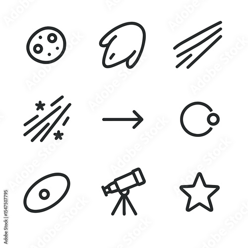 Comet Anatomy Icons. Outline icon set of comet anatomy: comet nucleus, coma, dust tail, ion tail, solar wind arrow, perihelion