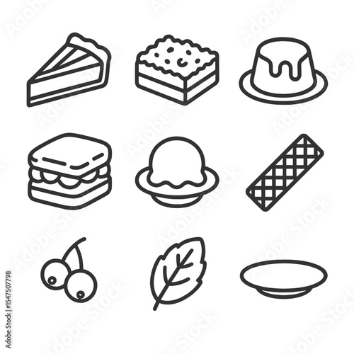 Rhubarb Dessert Icons. Outline icon set of rhubarb dessert platter: tart slice, rhubarb crumble square, panna cotta with sauce,