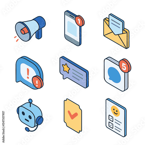 Communication Icons Grid. Isometric Flat icon set of communication and notification systems: announcement megaphone, push