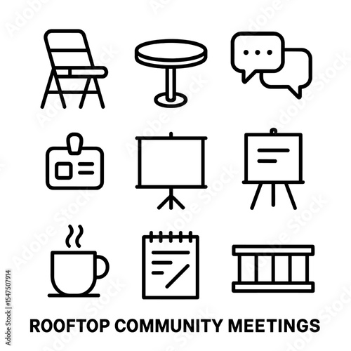 Rooftop Meeting Icons. Outline icon set of rooftop community meetings: folding chair, round table, discussion bubble, name tag,