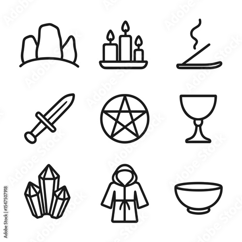 Ritual Icon Set. Outline icon set of ritual sacred circle: altar stones, lit candles, incense stick, ritual dagger, chalice,