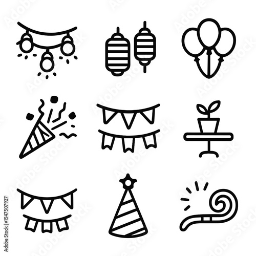 Rooftop Party Icons. Outline icon set of rooftop party decorations: string lights, lanterns, balloons, confetti popper, banner,