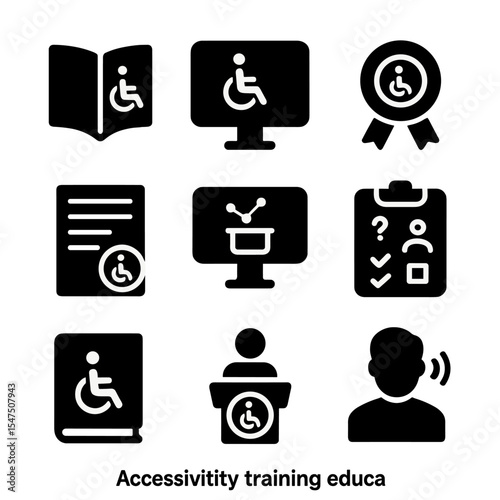Educational Icons Set. Solid, filled icons set of training and education in accessibility: tutorial book,