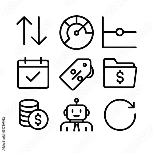 Portfolio Strategy Icons. Outline icon set of portfolio rebalancing strategies: buy and sell arrows, target allocation dial,