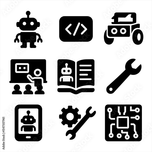 Educational Robotics Icons. Solid, filled icons set of educational robotics: beginner robot, coding block,