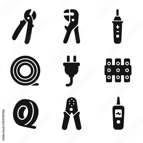 Electrical Tool Icons. Solid, filled icons set of electrical wiring tools: wire cutter, cable stripper,
