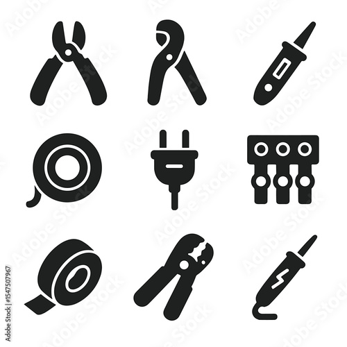 Electrical Tool Icons. Solid, filled icons set of electrical wiring tools: wire cutter, cable stripper,