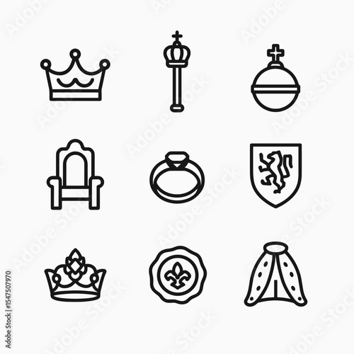 Royal Icons Outline. Outline icon set of royal heir symbols: crown, scepter, orb, throne, coronation ring, heraldic shield, crown