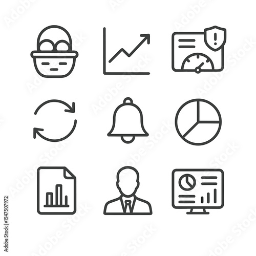 Portfolio Management Icons. Outline icon set of portfolio management: diversified basket, performance graph, risk dashboard,