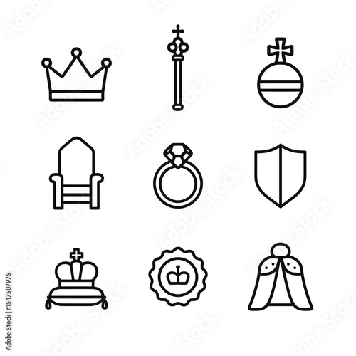 Royal Icons Outline. Outline icon set of royal heir symbols: crown, scepter, orb, throne, coronation ring, heraldic shield, crown